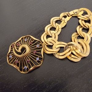 🔴 NWOT 1928 Brand Brooch w/ Crystals and Vintage Gold Tone Links Bracelet